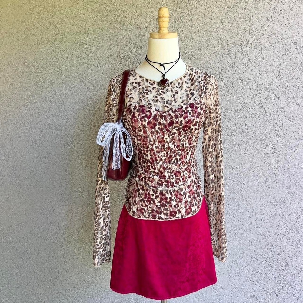 Leopard Print Mesh Lace Long Sleeve Top Blouse‎ Layering Size Large Y2K Style